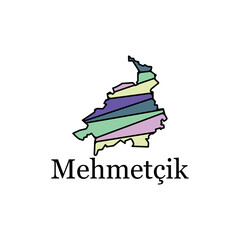 Mehmetcik city of Turkey Map vector illustration, black lettering design on white background, design template