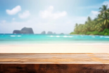 Fototapeta premium Empty wooden table with blurred tropical island beach background (Generative AI)
