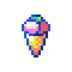 Pixel art retro ice cream cone icon. 90s 8bit style illustration of ice cream cone with colorful scoops Cute pixel art y2k sticker or game element.	