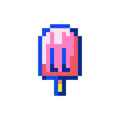 Pixel art retro ice cream sticker icon. 90s 8bit style illustration of pink ice cream on the stick. Cute pixel art y2k sticker or game element.	