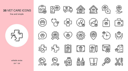 Vet Clinic and Pet Care Icons Set. Pet Care, Vet Clinic Service, Professional Veterinarian Doc, Medical Examination, Spay, Neuter, Tick Treatment. Editable Outline Collection.	