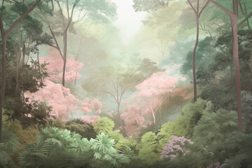 lush forest with pastel pink and pastel green leaves