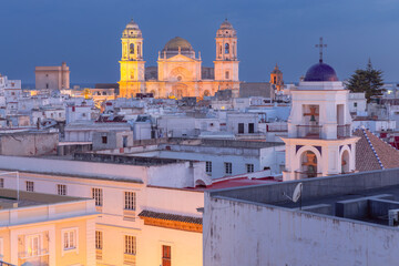 Cathedral of the Holy Cross in Cadiz at sunset. Spain.