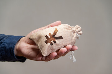 A hand holding a money bag with a Chinese Currency symbol printed on it