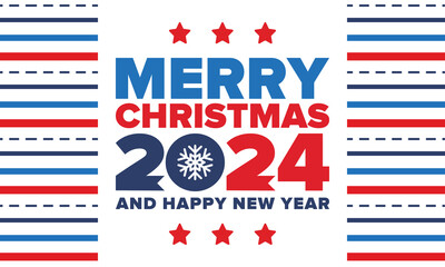 Merry Christmas and Happy New Year 2024. Magic holiday poster with snowflake. Winter celebration event. Christmas party. Congratulation card. Festive design template. Vector illustration