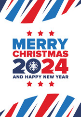 Merry Christmas and Happy New Year 2024. Magic holiday poster with snowflake. Winter celebration event. Christmas party. Congratulation card. Festive design template. Vector illustration