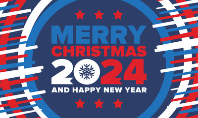 Merry Christmas and Happy New Year 2024. Magic holiday poster with snowflake. Winter celebration event. Christmas party. Congratulation card. Festive design template. Vector illustration