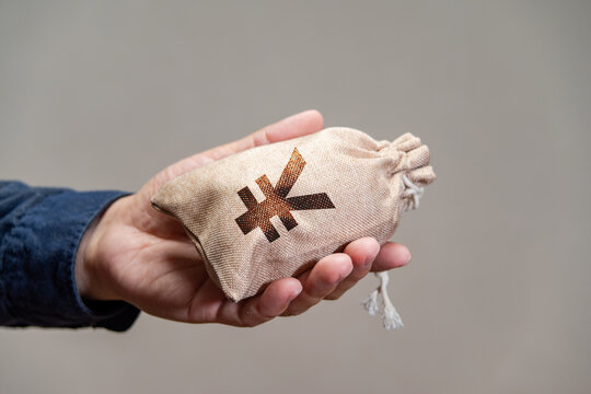 A hand holding a money bag with a Chinese Currency symbol printed on it