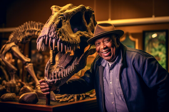 African American paleontologist man posing next to a dinosaur skeleton, museum background, paleontology occupation. Generative AI