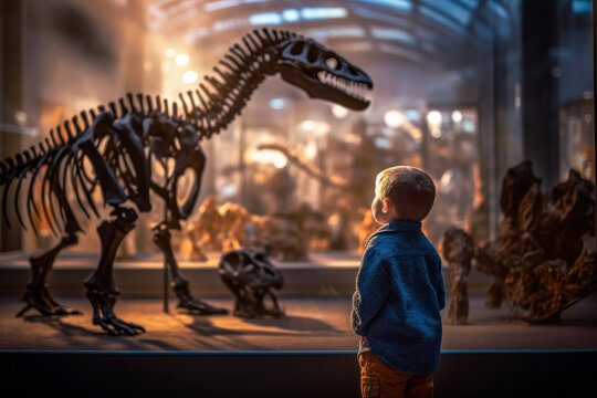 Child looking at a dinosaur skeleton in a museum, field trip, education. Generative AI