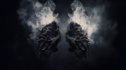 Burned lungs visualized with smoke on a dark background