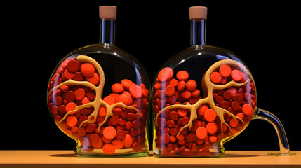 Kidney-shaped bottles filled with red spheres on a shelf.