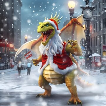 Dragon in New Year's costume on the streets of the city. Generative AI