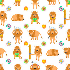 Seamless Pattern Abstract Elements Animal Bison Wildlife Vector Design Style Background Illustration Texture For Prints Textiles, Clothing, Gift Wrap, Wallpaper, Pastel