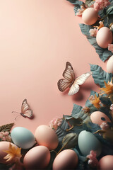 Blank free space in the middle surrounded by easter color pink butterfly pink pastel background, AI Generated Art.