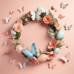 Blank free space in the middle surrounded by easter color pink butterfly pink pastel background, AI Generated Art.