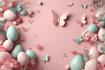 Blank free space in the middle surrounded by easter color pink butterfly pink pastel background, AI Generated Art.
