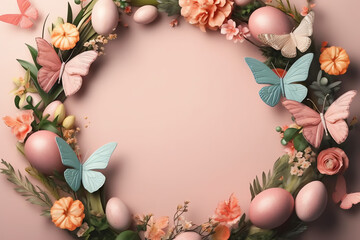 Naklejka na ściany i meble Blank free space in the middle surrounded by easter color pink butterfly pink pastel background, AI Generated Art.