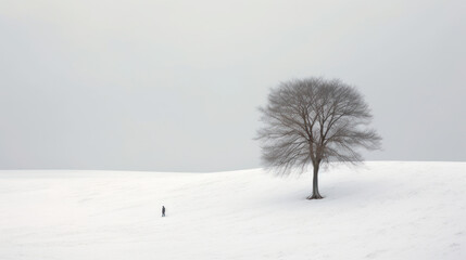 Winter's Solitude: A Minimalist Tree in a Serene Winter Landscape. Generative AI