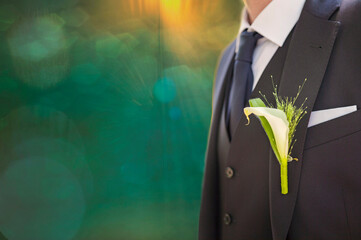 Wedding men fashion. Boutonniere brooch on a man groom suit on wedding day. Boutonniere on a groom...