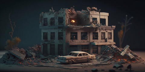 Post-apocalyptic diorama of the city. Destroyed buildings, consequences of the earthquakee