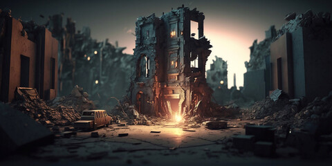 Post-apocalyptic diorama of the city. Destroyed buildings, consequences of the earthquakee