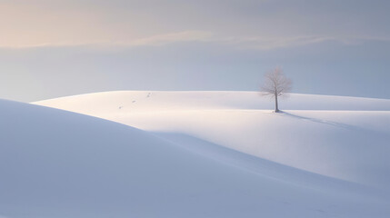 Winter's Tranquility: A Minimalist Tree in a Snowy Landscape. Generative AI