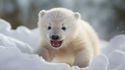 Fototapeta na wymiar Cute Polar Bear Cub enjoys the Snow