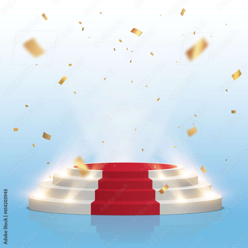 Poster empty white stage with red carpet and with gold confetti. winner vector background