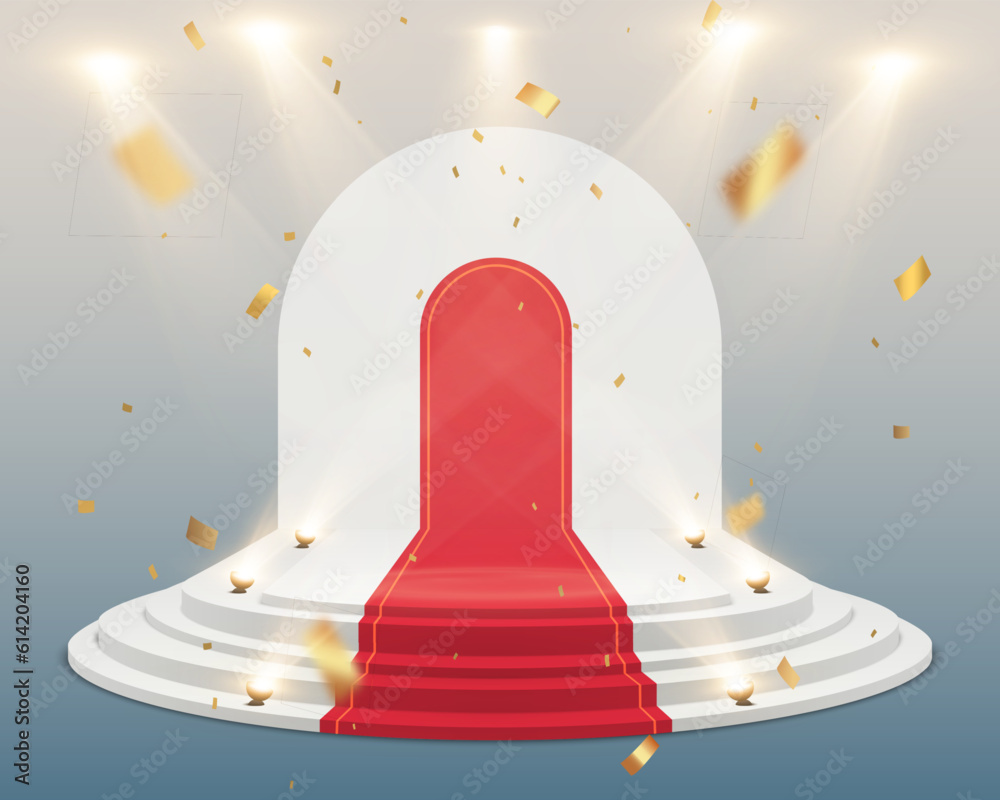Poster empty white stage with red carpet and with gold confetti. winner vector background