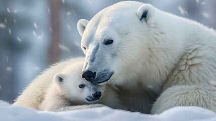 Fototapeta na wymiar A Polar Bear Cub cuddle up to its Mother