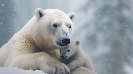 Obraz na płótnie Canvas A Polar Bear Cub cuddle up to its Mother