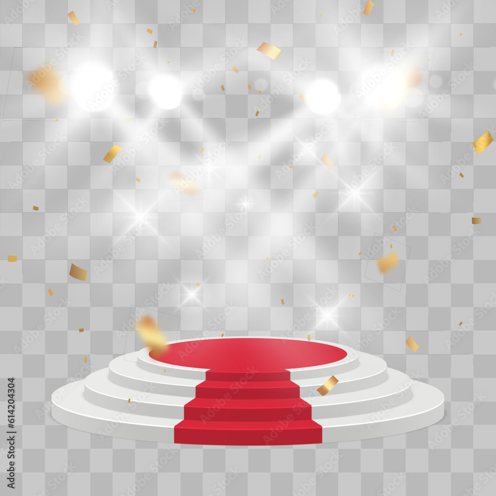 Poster empty white stage with red carpet and with gold confetti. winner vector background