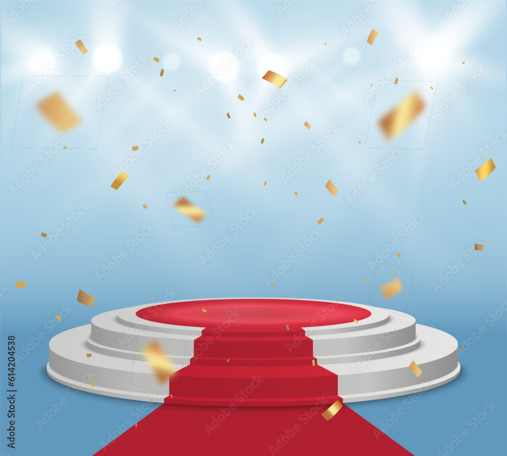 Poster Empty white stage with red carpet and with gold confetti. Winner vector background