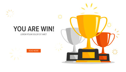 Winner banner. Podium with trophy cups. Vector award nomination background. - obrazy, fototapety, plakaty