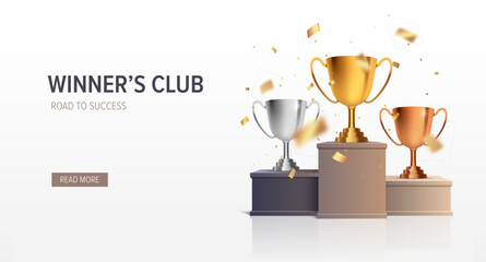 Winners club banner. Podium with trophy cups. Vector award nomination background. - 614204740