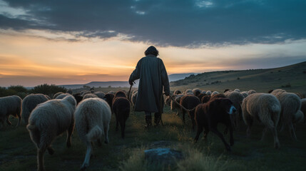 Silent Passage: A Shepherd's Journey at Dusk. Generative AI