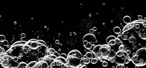 Soda water bubbles splashing underwater against black background. Cola liquid texture that fizzing and floating up to surface like a explosion in under water for refreshing carbonate drink concept. - obrazy, fototapety, plakaty