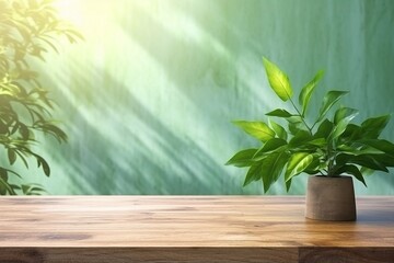 wooden table product display with tropical abstract background green wall, generative ai