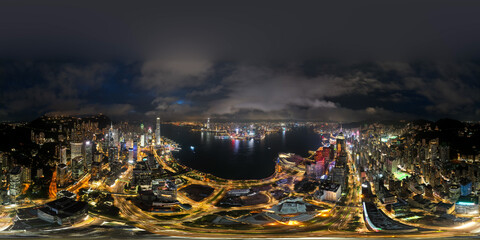 360 Angle panorama night light cityscape of Hong Kong view from the sky.