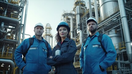 industry team Engineers of oil rigs, petrochemical, electricity, three people, arms crossed, background, petrochemical, electric, gas rig.