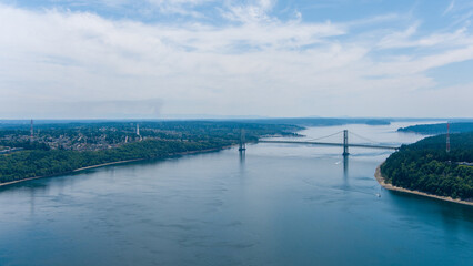Aerial view of Point Defiance and the Tacoma Narrows in June