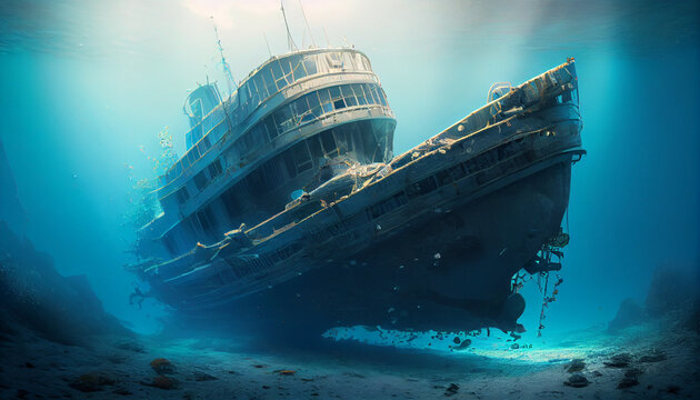 Sunken ship at the bottom of the ocean Ai generated image