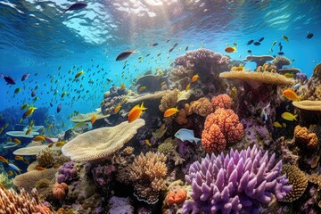 An underwater beautiful scene with corals and fish. Generative AI.