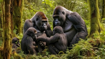 Obraz premium Seated family gorillas. Generative AI.