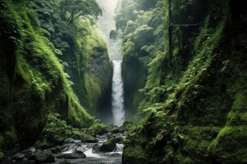 Mystical mysterious forest with a waterfall. Generative AI.