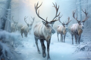 Obraz premium A flock of snow deer in the forest. Generative AI.