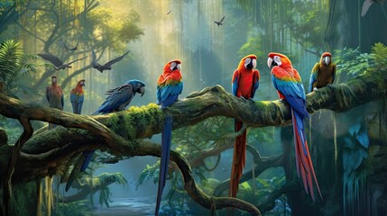 Colorful parrots sitting on a branch. Generative AI.
