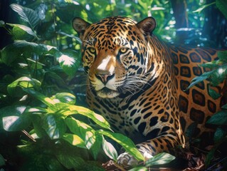 Leopard lurking in the foliage. Generative AI.