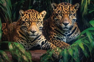 Two leopards are hiding in the foliage. Generative AI.